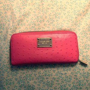 MICHAEL KORS Pink Ostrich Leather & Gold Wallet